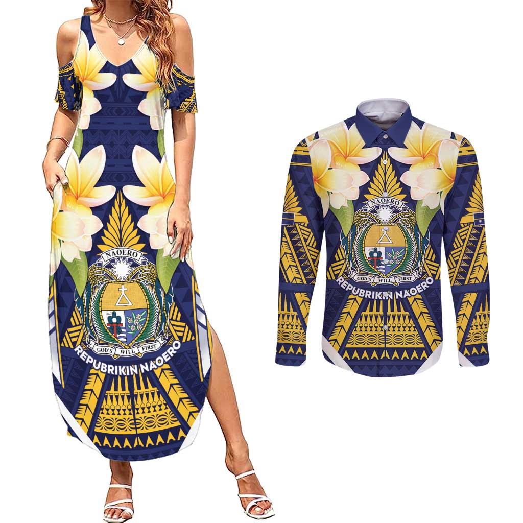 Personalised Nauru Independence Day Couples Matching Summer Maxi Dress and Long Sleeve Button Shirt Coat Of Arms With Plumeria - Polynesian Pride