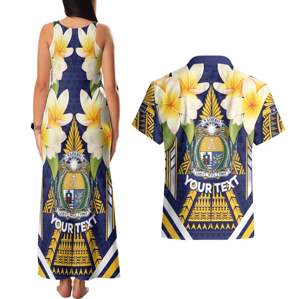 Personalised Nauru Independence Day Couples Matching Tank Maxi Dress and Hawaiian Shirt Coat Of Arms With Plumeria LT05