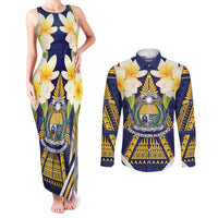Personalised Nauru Independence Day Couples Matching Tank Maxi Dress and Long Sleeve Button Shirt Coat Of Arms With Plumeria - Polynesian Pride