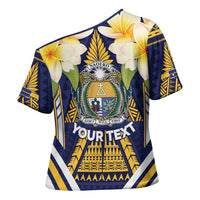 Personalised Nauru Independence Day Cross Shoulder Shirt Coat Of Arms With Plumeria - Polynesian Pride