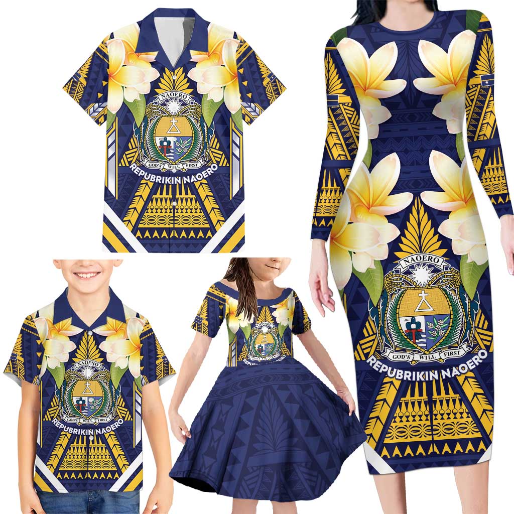 Personalised Nauru Independence Day Family Matching Long Sleeve Bodycon Dress and Hawaiian Shirt Coat Of Arms With Plumeria - Polynesian Pride