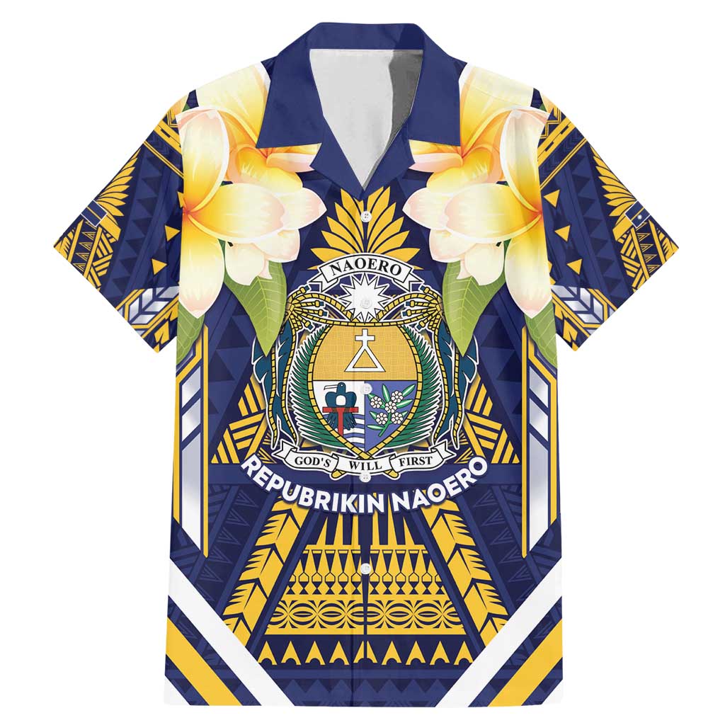 Personalised Nauru Independence Day Family Matching Mermaid Dress and Hawaiian Shirt Coat Of Arms With Plumeria - Polynesian Pride