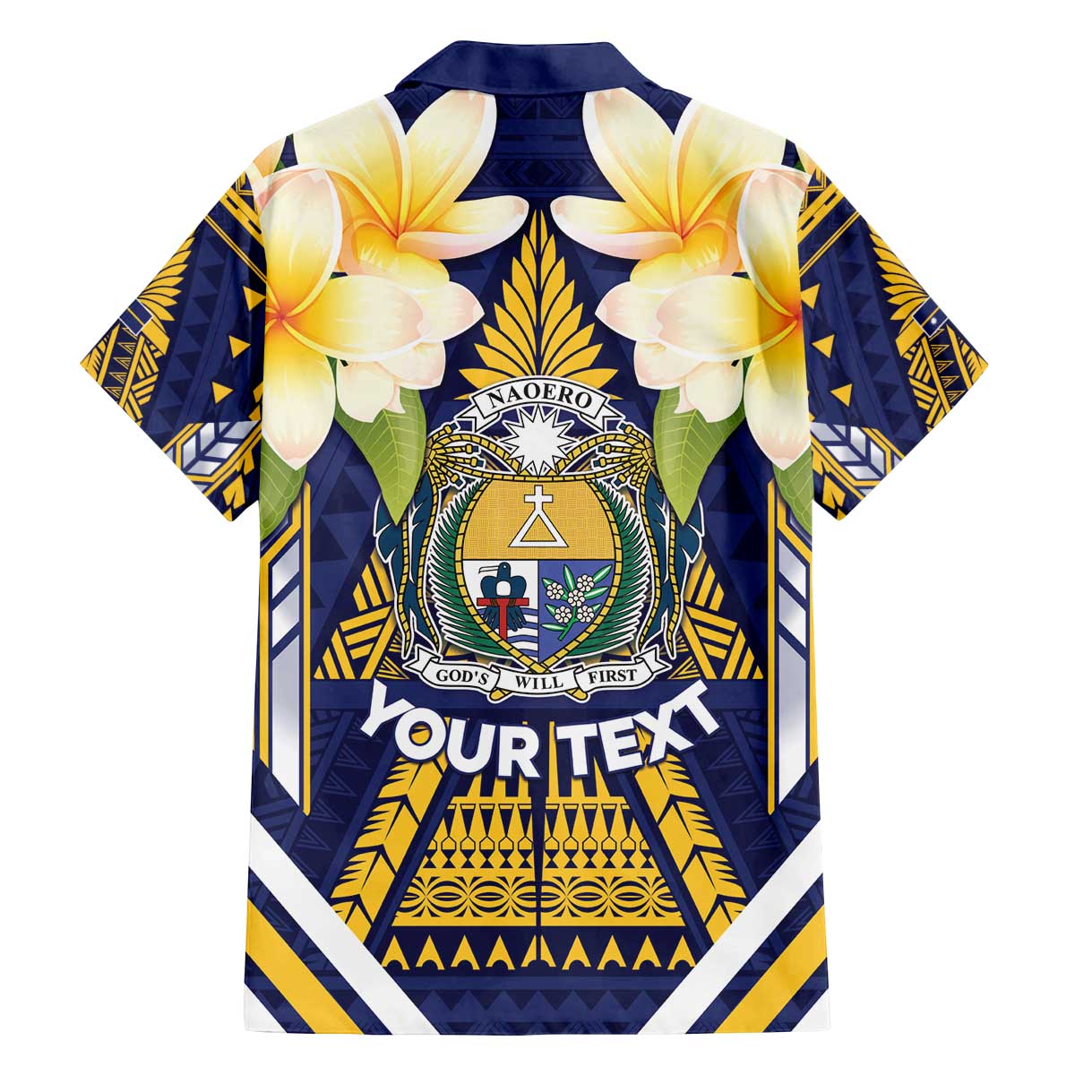 Personalised Nauru Independence Day Family Matching Off The Shoulder Long Sleeve Dress and Hawaiian Shirt Coat Of Arms With Plumeria - Polynesian Pride