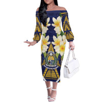 Personalised Nauru Independence Day Family Matching Off The Shoulder Long Sleeve Dress and Hawaiian Shirt Coat Of Arms With Plumeria - Polynesian Pride