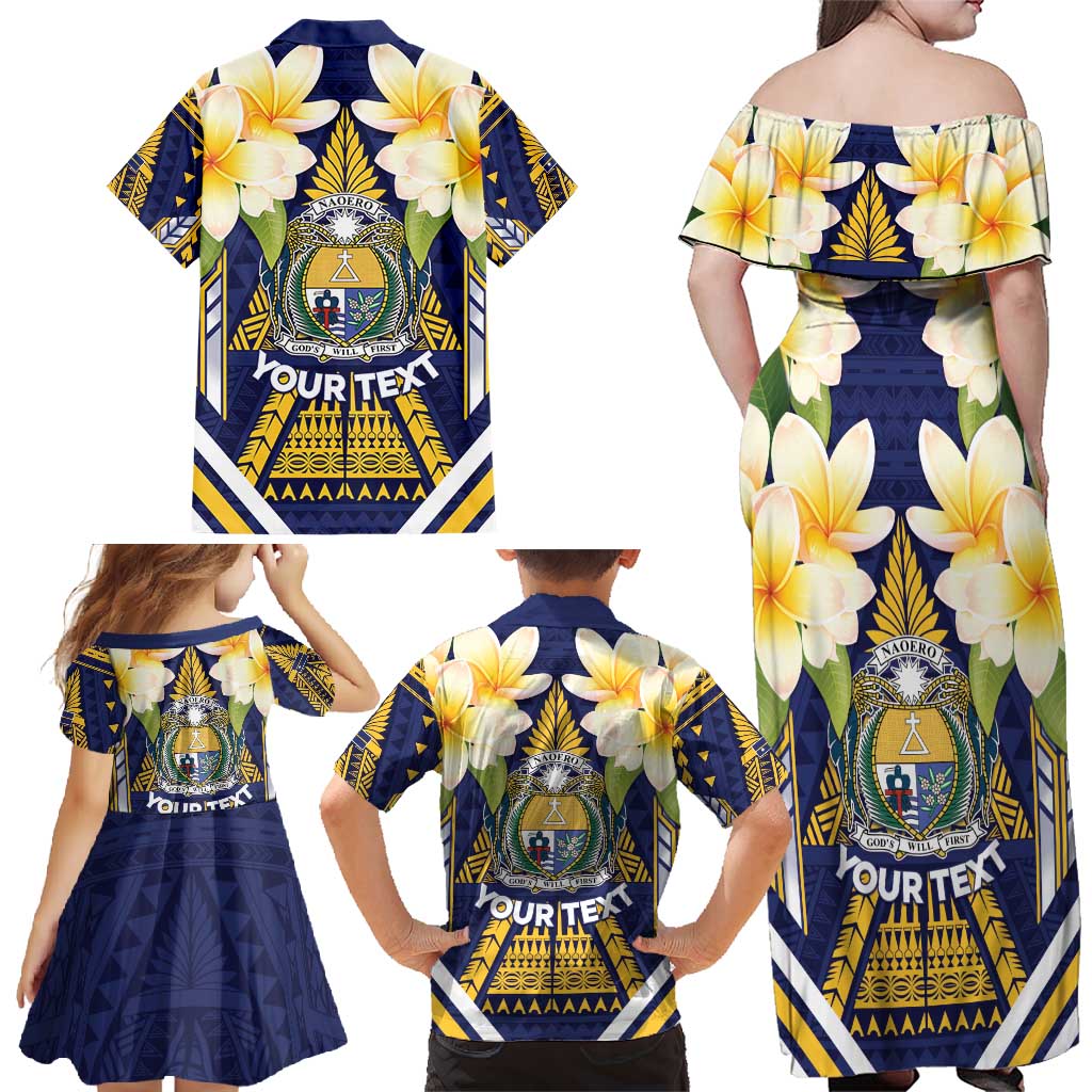 Personalised Nauru Independence Day Family Matching Off Shoulder Maxi Dress and Hawaiian Shirt Coat Of Arms With Plumeria - Polynesian Pride
