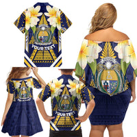 Personalised Nauru Independence Day Family Matching Off Shoulder Short Dress and Hawaiian Shirt Coat Of Arms With Plumeria - Polynesian Pride