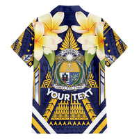 Personalised Nauru Independence Day Family Matching Off Shoulder Short Dress and Hawaiian Shirt Coat Of Arms With Plumeria - Polynesian Pride