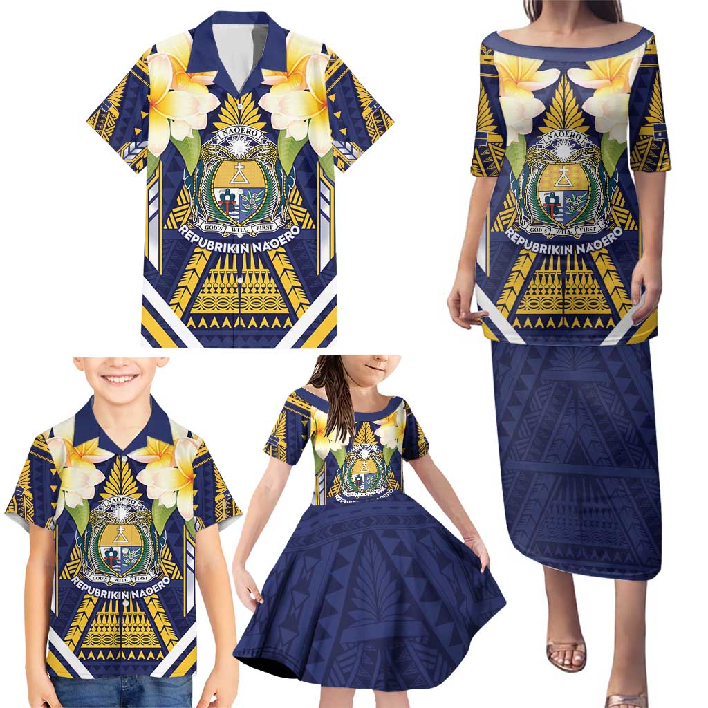 Personalised Nauru Independence Day Family Matching Puletasi and Hawaiian Shirt Coat Of Arms With Plumeria - Polynesian Pride