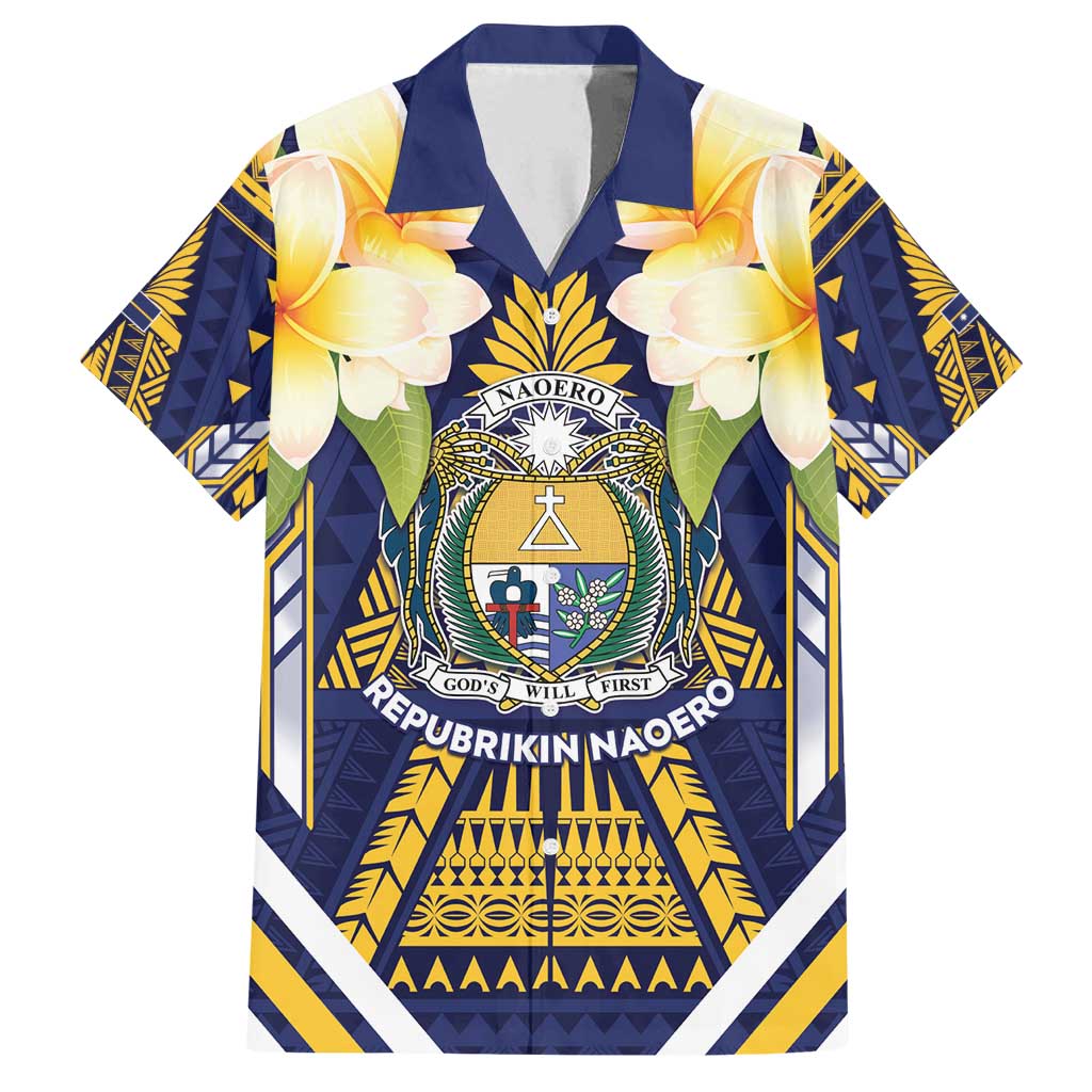 Personalised Nauru Independence Day Family Matching Summer Maxi Dress and Hawaiian Shirt Coat Of Arms With Plumeria - Polynesian Pride