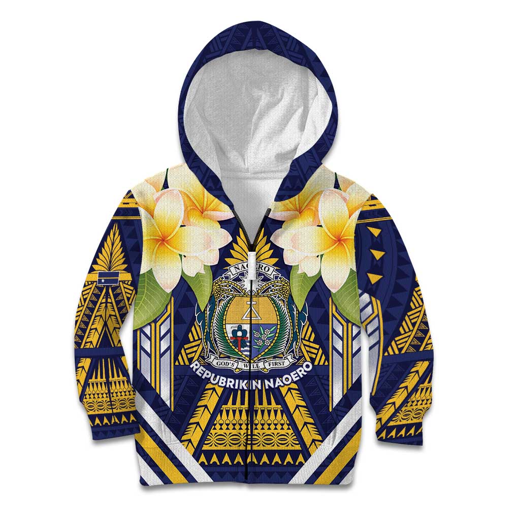 Personalised Nauru Independence Day Kid Hoodie Coat Of Arms With Plumeria - Polynesian Pride