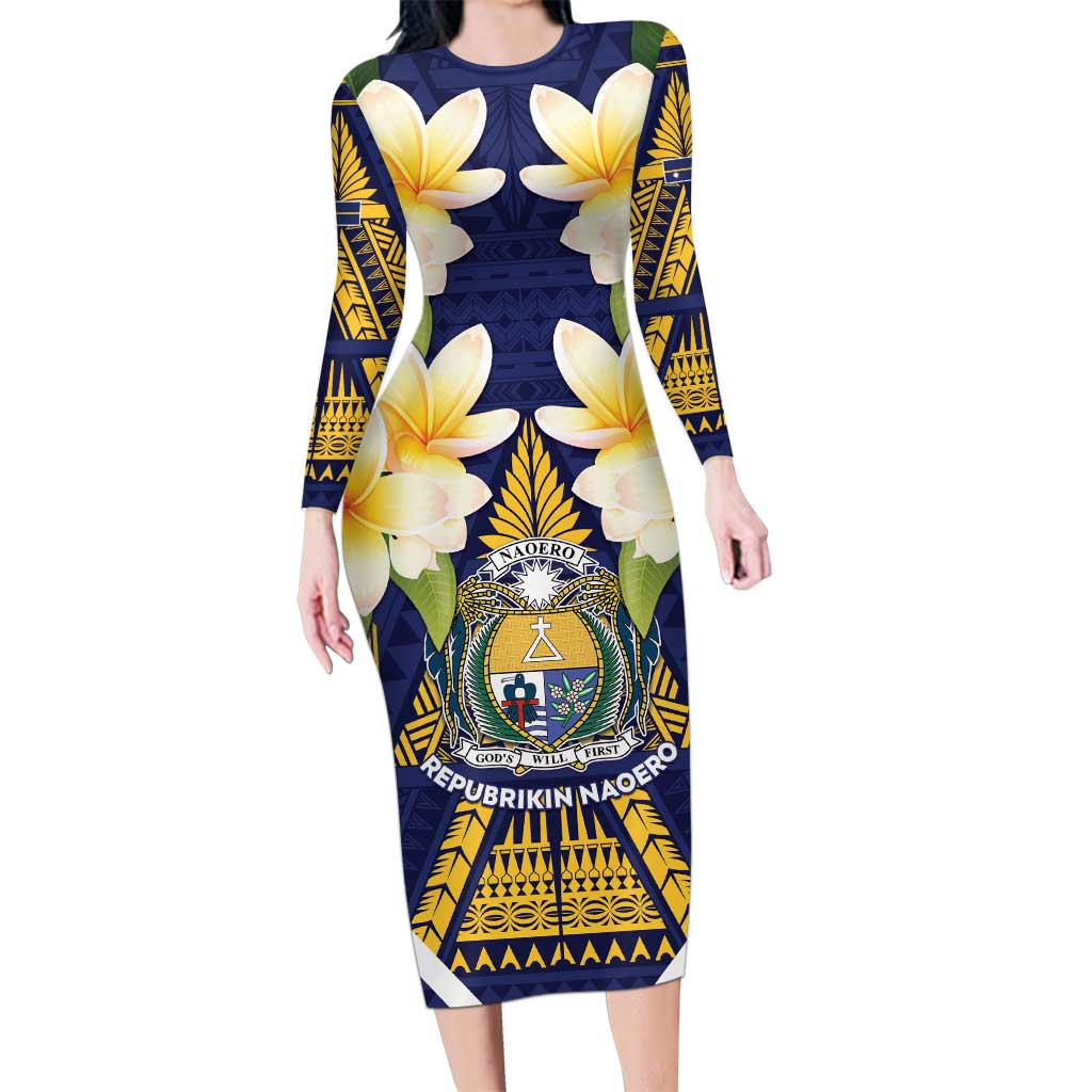 Personalised Nauru Independence Day Long Sleeve Bodycon Dress Coat Of Arms With Plumeria - Polynesian Pride