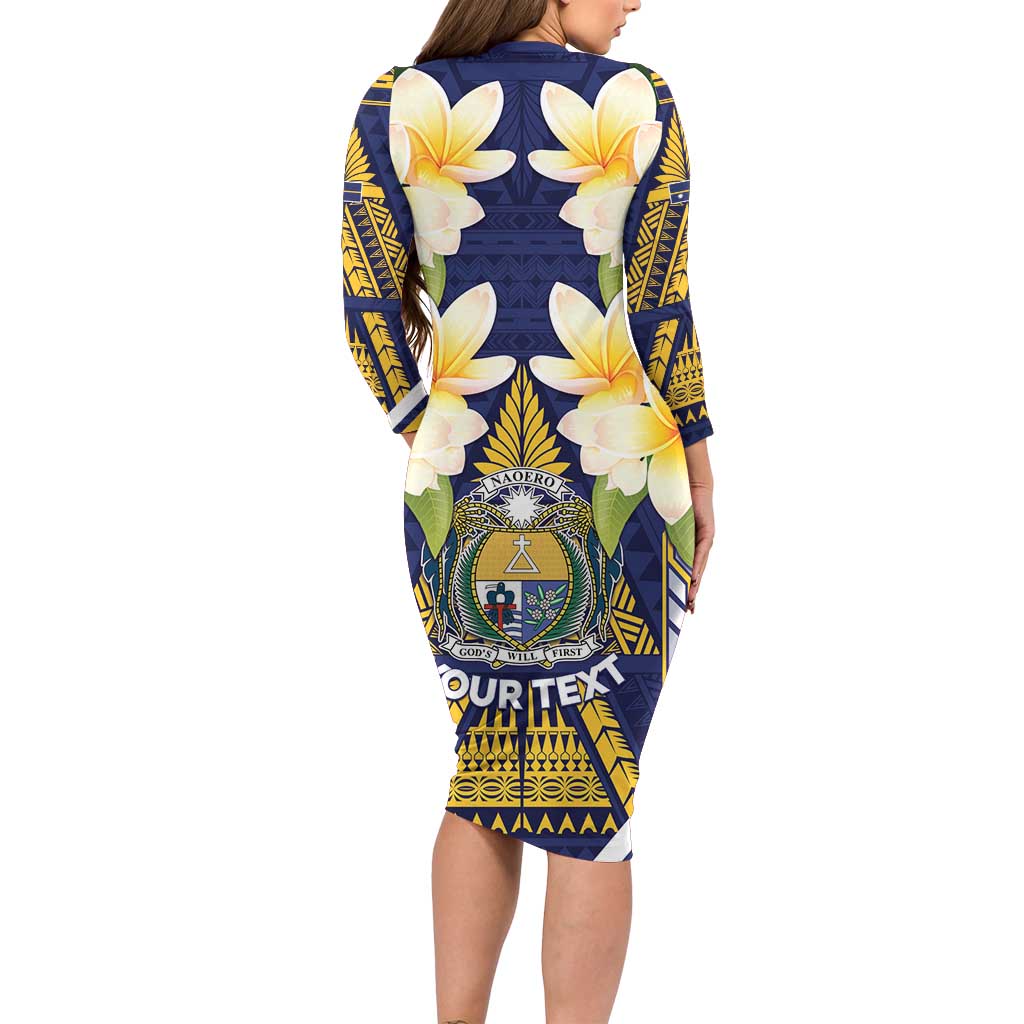 Personalised Nauru Independence Day Long Sleeve Bodycon Dress Coat Of Arms With Plumeria - Polynesian Pride