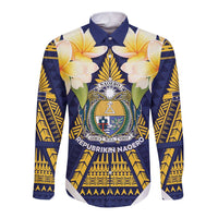 Personalised Nauru Independence Day Long Sleeve Button Shirt Coat Of Arms With Plumeria - Polynesian Pride