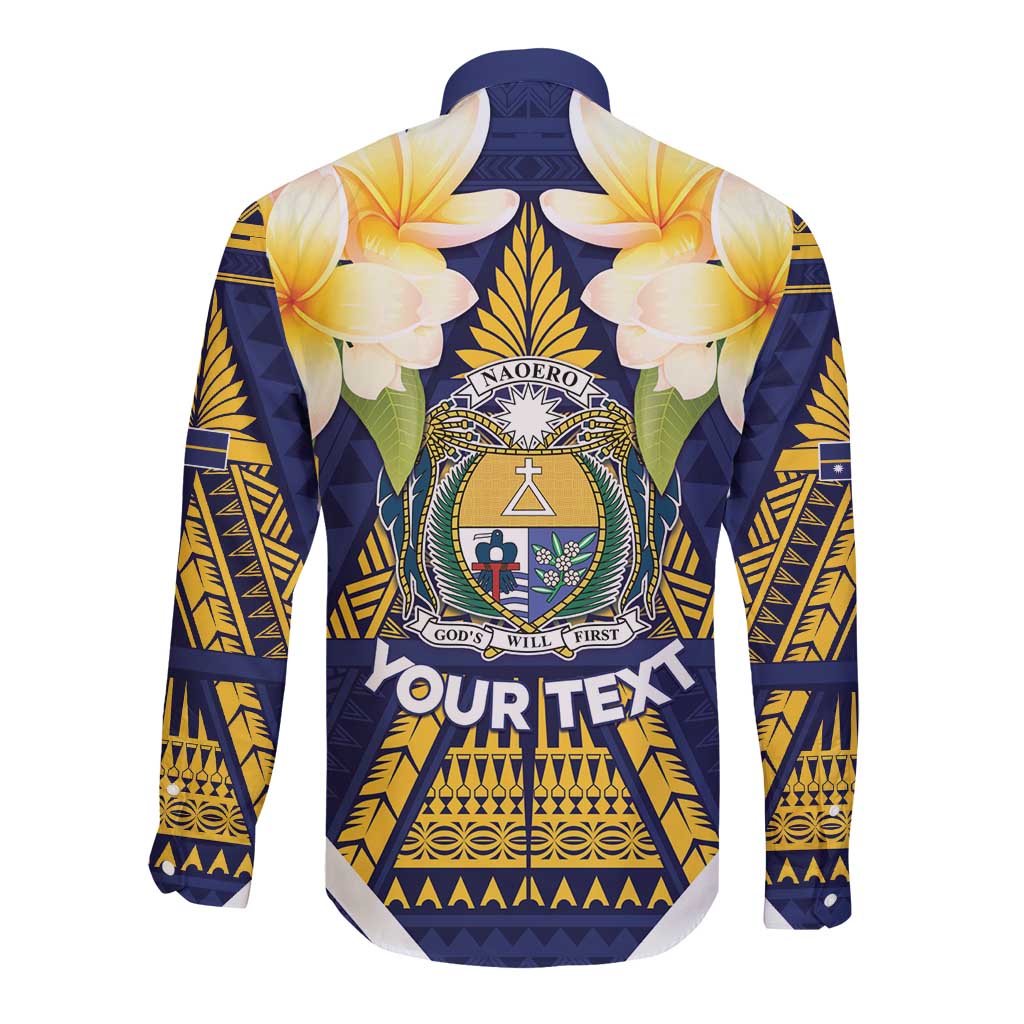 Personalised Nauru Independence Day Long Sleeve Button Shirt Coat Of Arms With Plumeria - Polynesian Pride