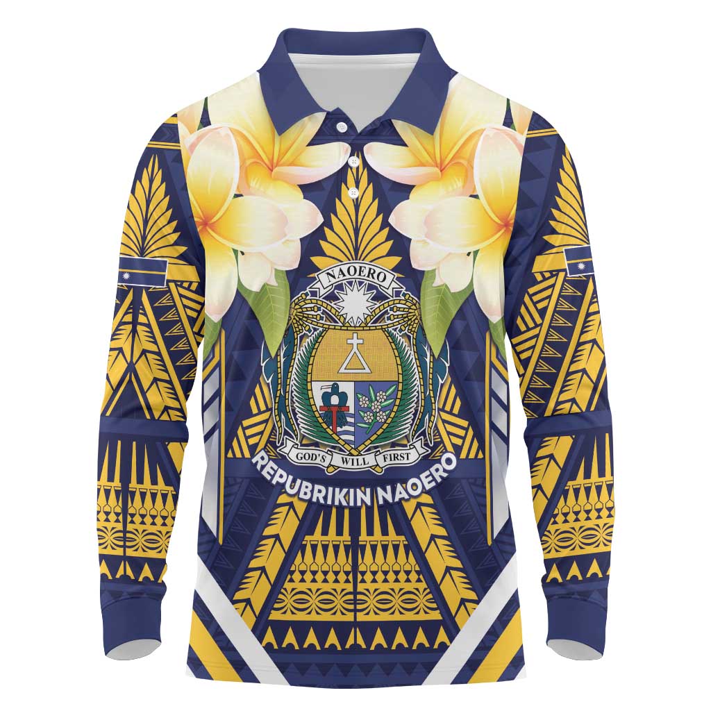 Personalised Nauru Independence Day Long Sleeve Polo Shirt Coat Of Arms With Plumeria - Polynesian Pride