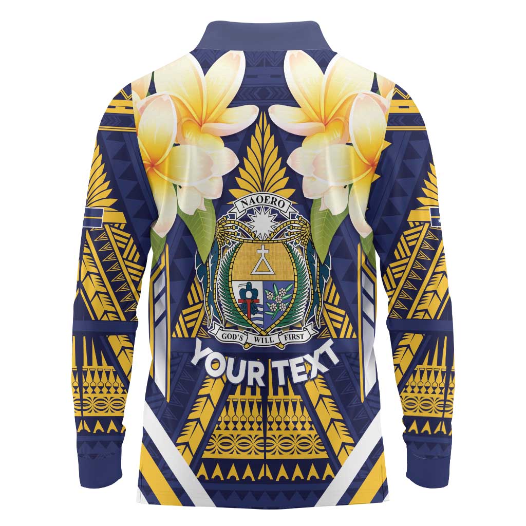 Personalised Nauru Independence Day Long Sleeve Polo Shirt Coat Of Arms With Plumeria - Polynesian Pride
