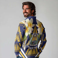 Personalised Nauru Independence Day Long Sleeve Polo Shirt Coat Of Arms With Plumeria - Polynesian Pride