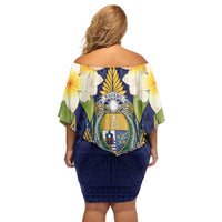 Personalised Nauru Independence Day Off Shoulder Short Dress Coat Of Arms With Plumeria - Polynesian Pride