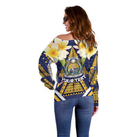 Personalised Nauru Independence Day Off Shoulder Sweater Coat Of Arms With Plumeria - Polynesian Pride