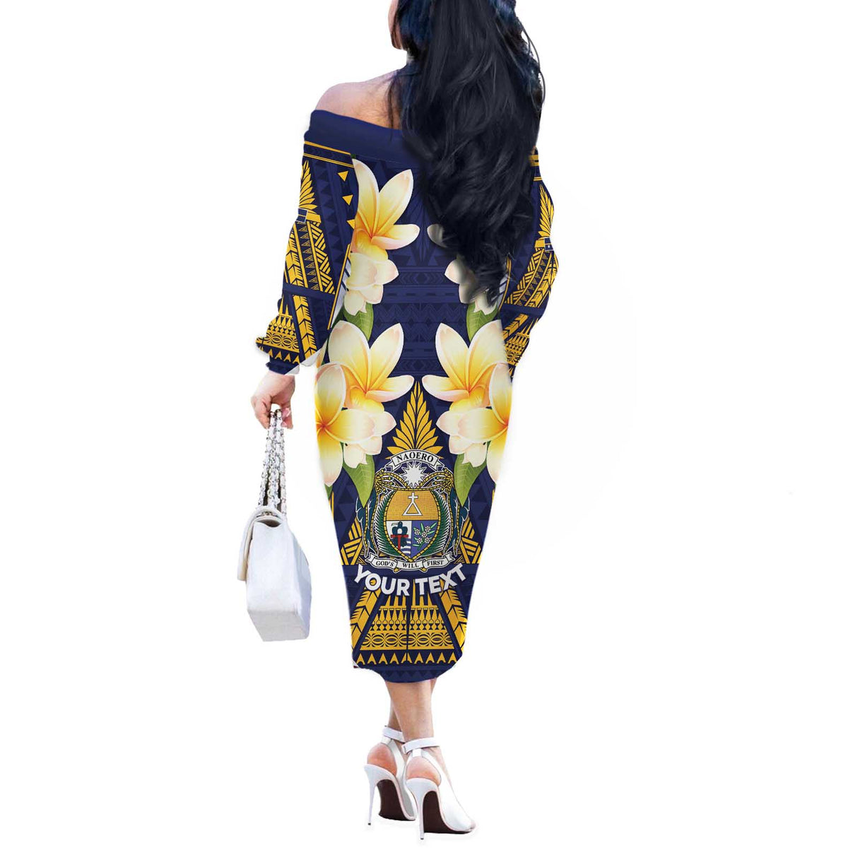 Personalised Nauru Independence Day Off The Shoulder Long Sleeve Dress Coat Of Arms With Plumeria - Polynesian Pride