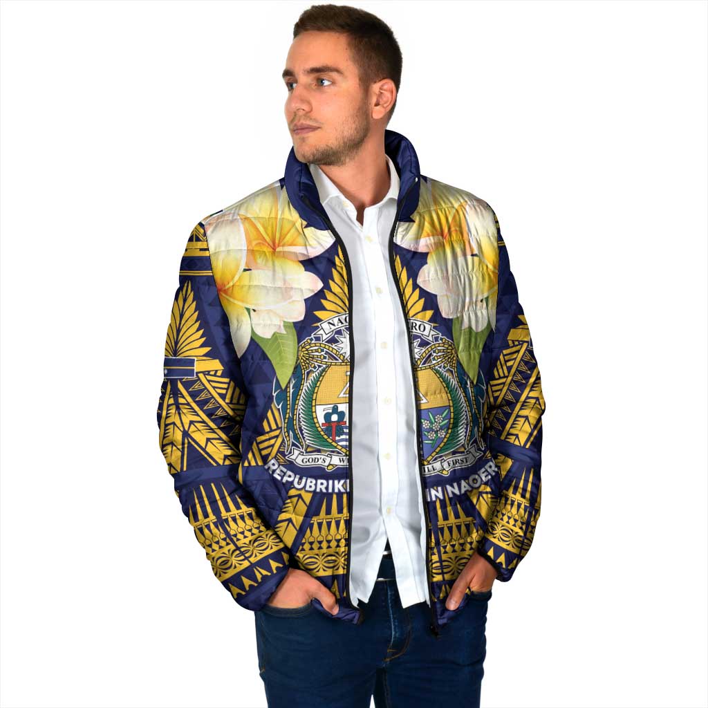 Personalised Nauru Independence Day Padded Jacket Coat Of Arms With Plumeria - Polynesian Pride