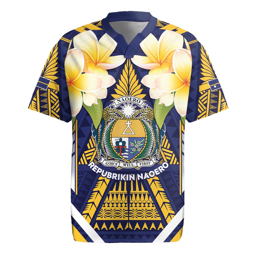 Personalised Nauru Independence Day Rugby Jersey Coat Of Arms With Plumeria - Polynesian Pride