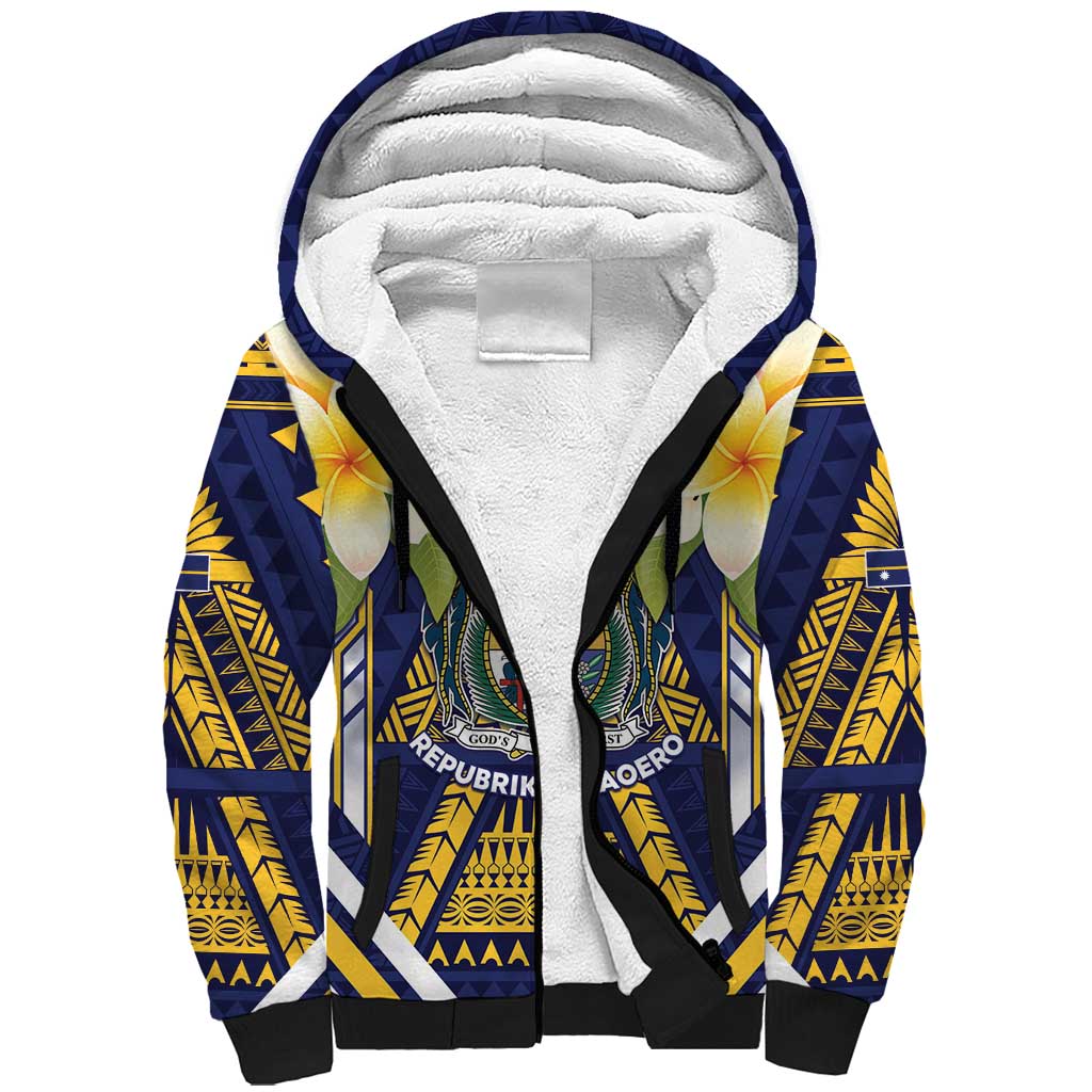Personalised Nauru Independence Day Sherpa Hoodie Coat Of Arms With Plumeria - Polynesian Pride