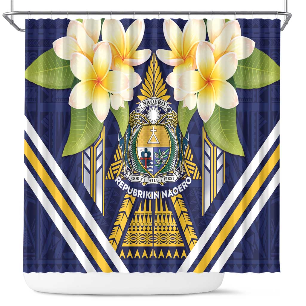 Nauru Independence Day Shower Curtain Coat Of Arms With Plumeria - Polynesian Pride