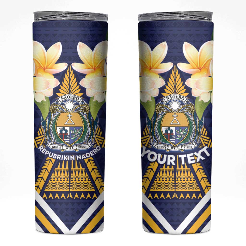 Personalised Nauru Independence Day Skinny Tumbler Coat Of Arms With Plumeria - Polynesian Pride