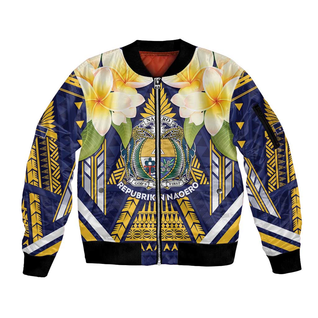 Personalised Nauru Independence Day Sleeve Zip Bomber Jacket Coat Of Arms With Plumeria - Polynesian Pride