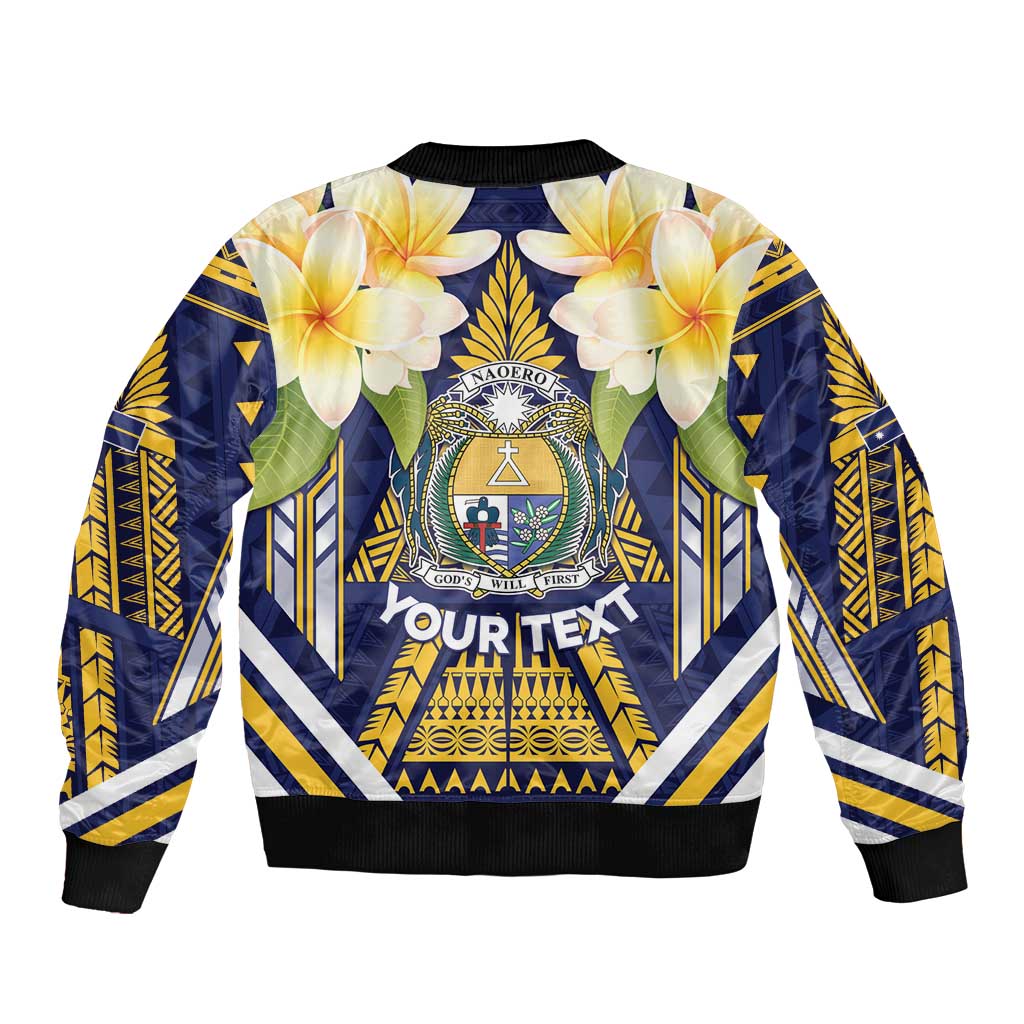 Personalised Nauru Independence Day Sleeve Zip Bomber Jacket Coat Of Arms With Plumeria - Polynesian Pride