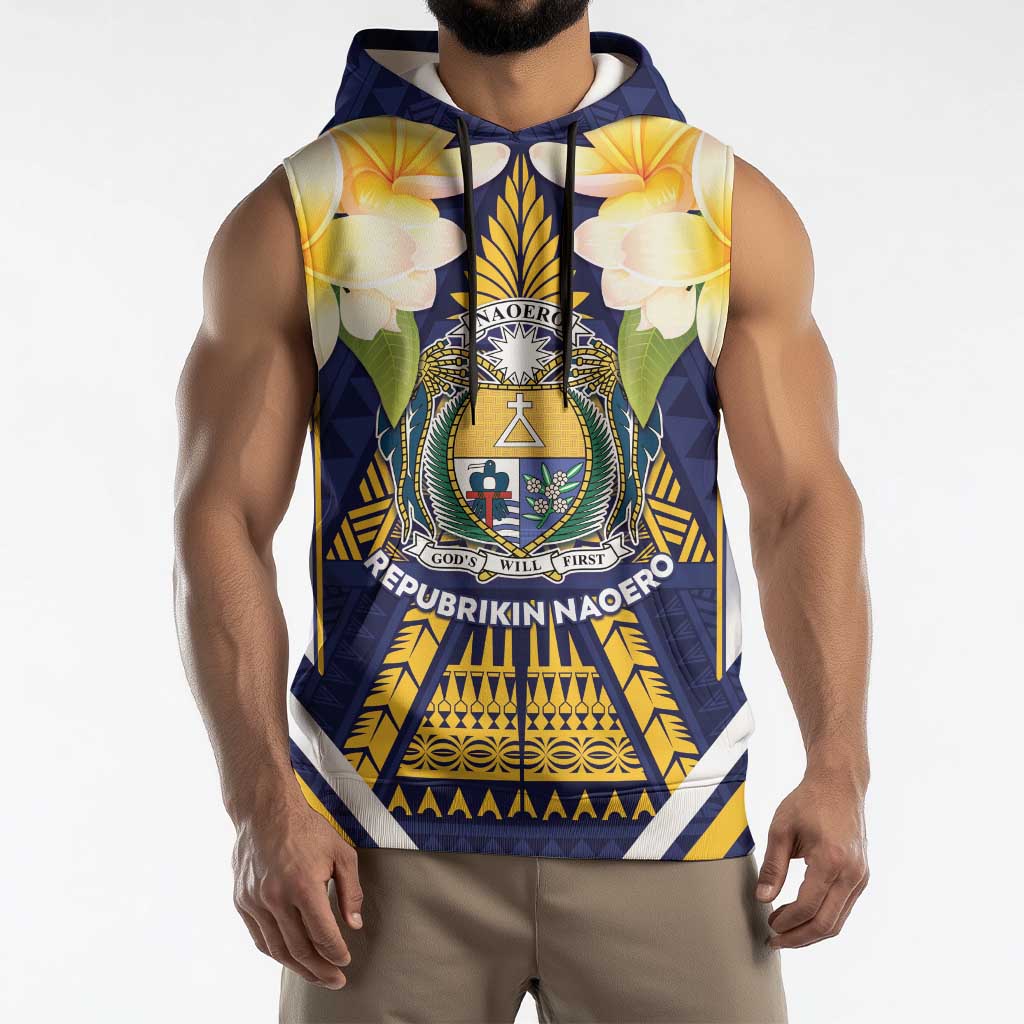 Personalised Nauru Independence Day Sleeveless Hoodie Coat Of Arms With Plumeria - Polynesian Pride
