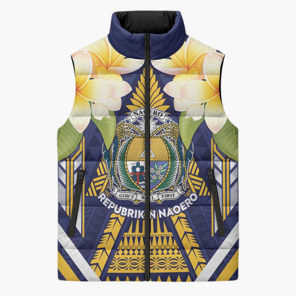Personalised Nauru Independence Day Sleeveless Puffer Jacket Coat Of Arms With Plumeria - Polynesian Pride