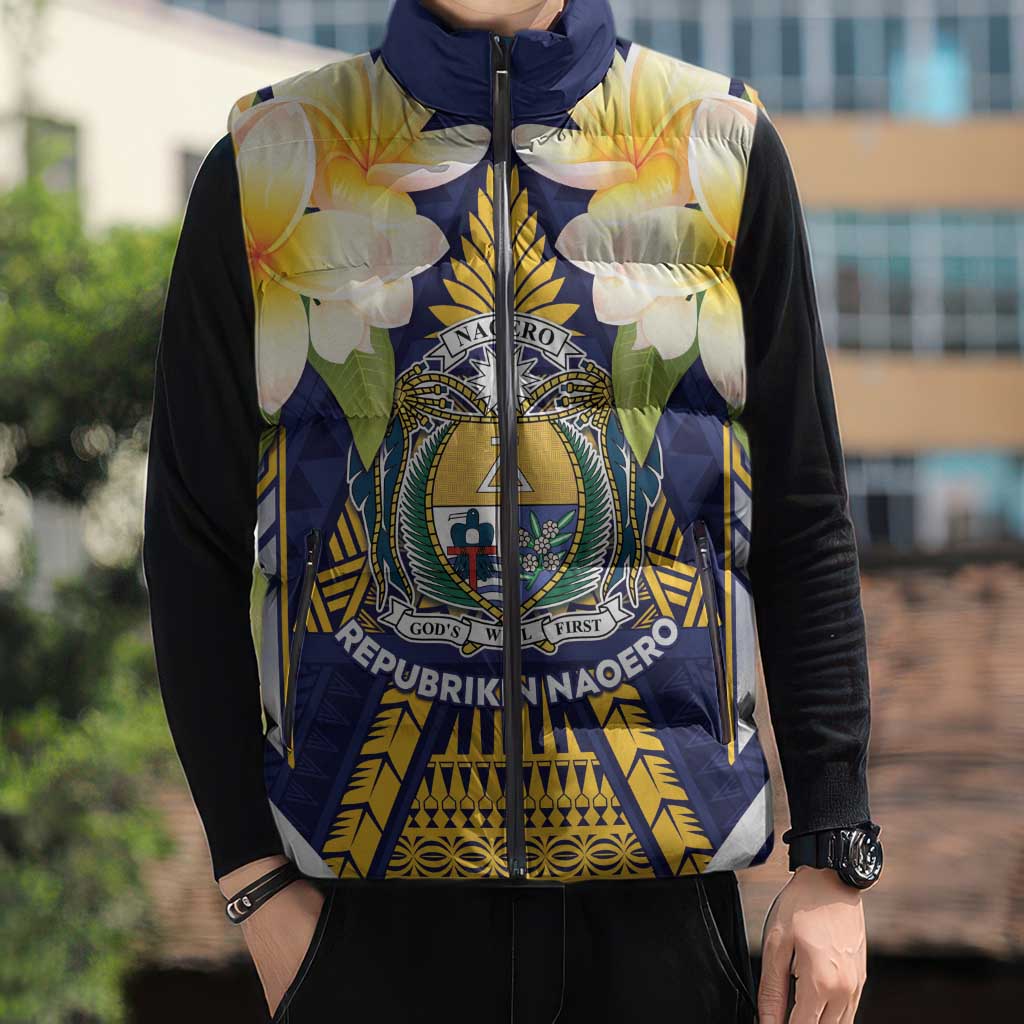 Personalised Nauru Independence Day Sleeveless Puffer Jacket Coat Of Arms With Plumeria - Polynesian Pride