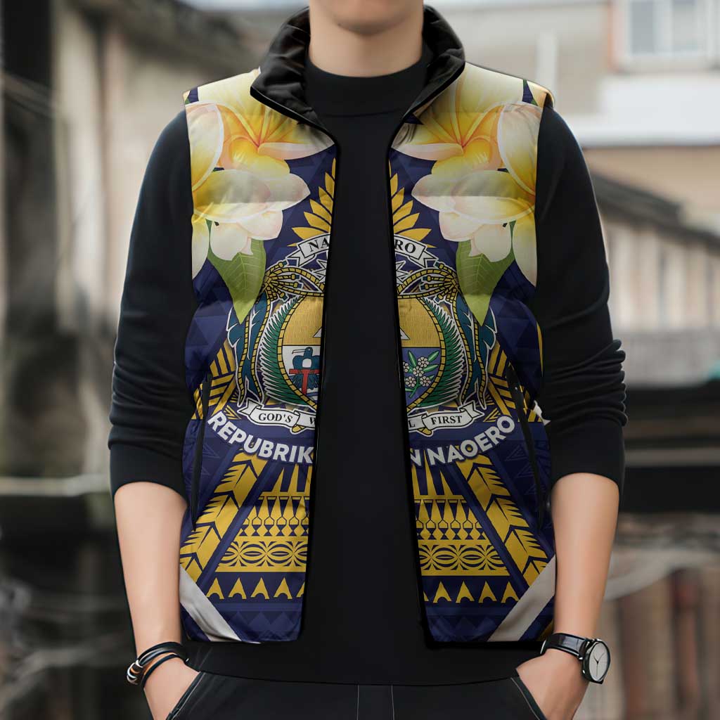 Personalised Nauru Independence Day Sleeveless Puffer Jacket Coat Of Arms With Plumeria - Polynesian Pride