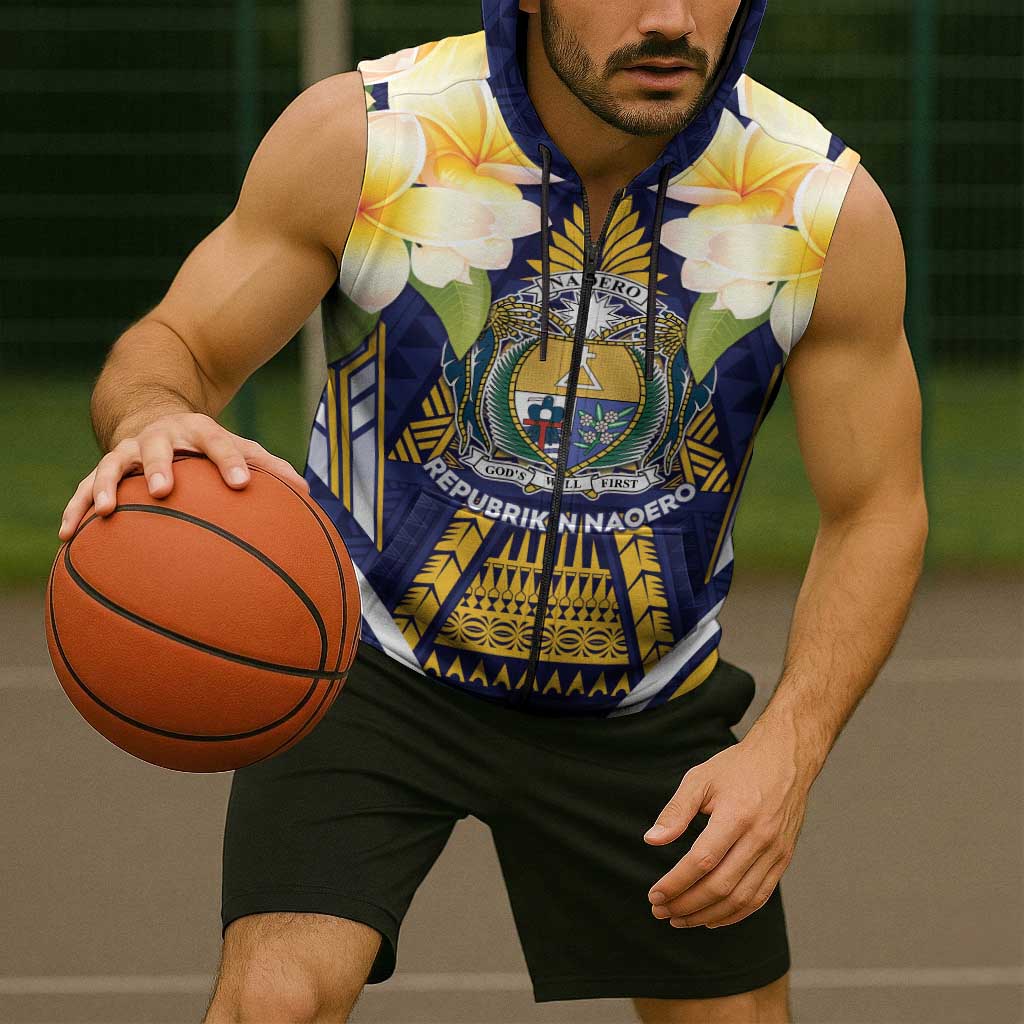 Personalised Nauru Independence Day Sleeveless Zip Hoodie Coat Of Arms With Plumeria - Polynesian Pride