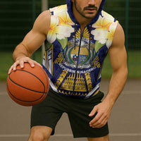 Personalised Nauru Independence Day Sleeveless Zip Hoodie Coat Of Arms With Plumeria - Polynesian Pride