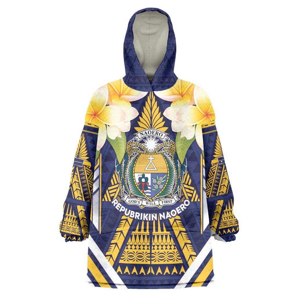 Personalised Nauru Independence Day Wearable Blanket Hoodie Coat Of Arms With Plumeria - Polynesian Pride
