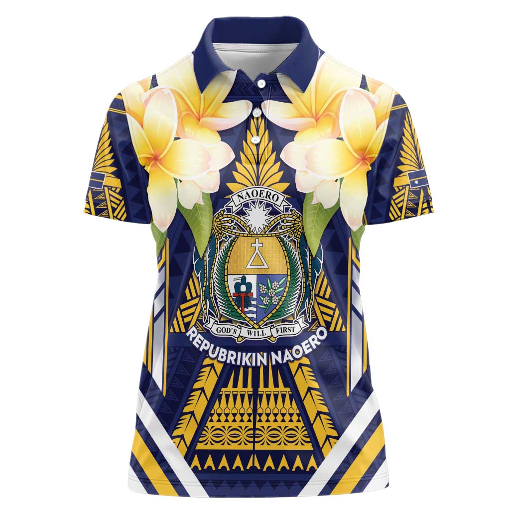 Personalised Nauru Independence Day Women Polo Shirt Coat Of Arms With Plumeria - Polynesian Pride