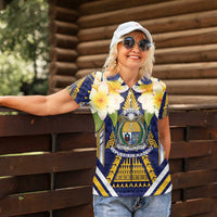 Personalised Nauru Independence Day Women Polo Shirt Coat Of Arms With Plumeria - Polynesian Pride