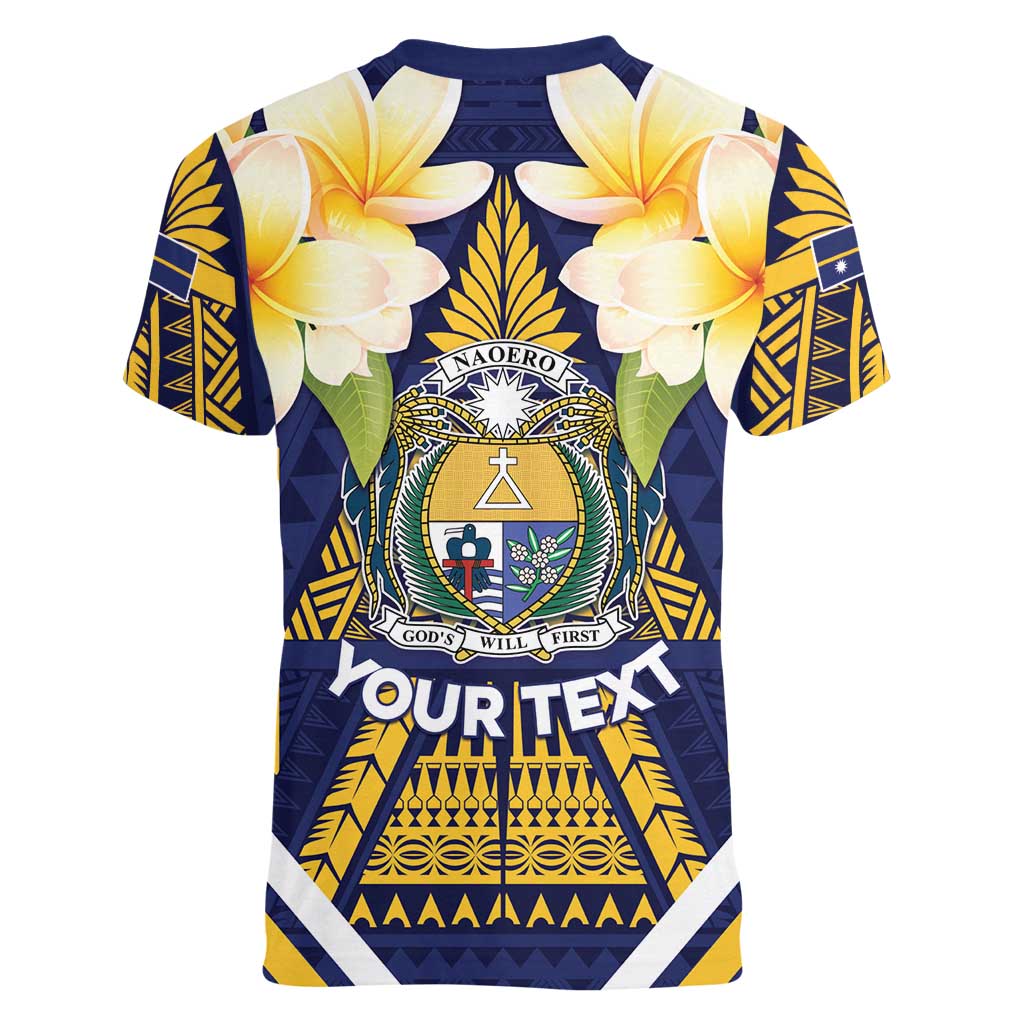 Personalised Nauru Independence Day Women V-Neck T-Shirt Coat Of Arms With Plumeria LT05 - Polynesian Pride