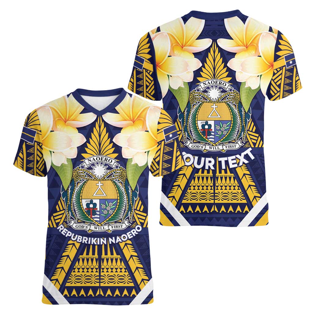Personalised Nauru Independence Day Women V-Neck T-Shirt Coat Of Arms With Plumeria LT05 - Polynesian Pride