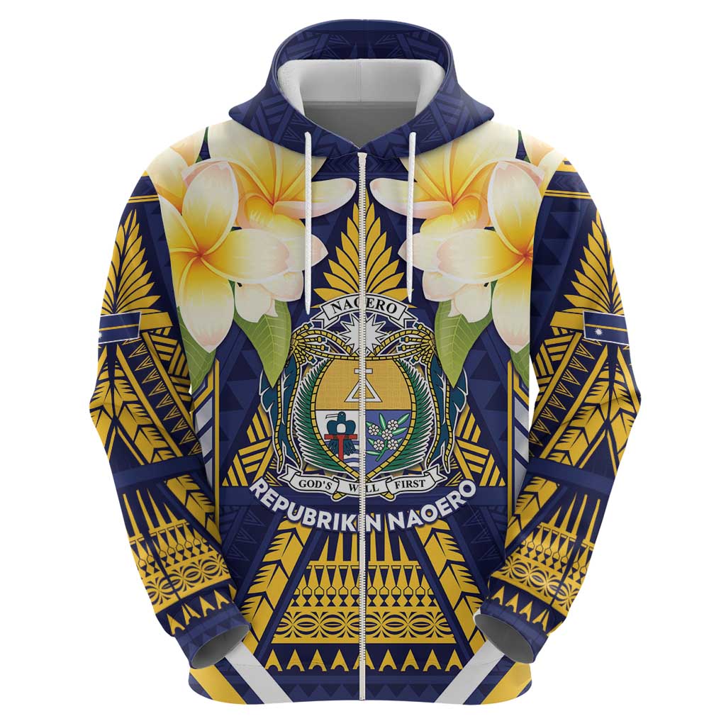 Personalised Nauru Independence Day Zip Hoodie Coat Of Arms With Plumeria - Polynesian Pride