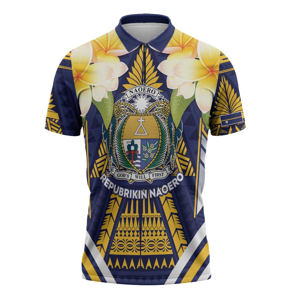 Personalised Nauru Independence Day Zipper Polo Shirt Coat Of Arms With Plumeria - Polynesian Pride