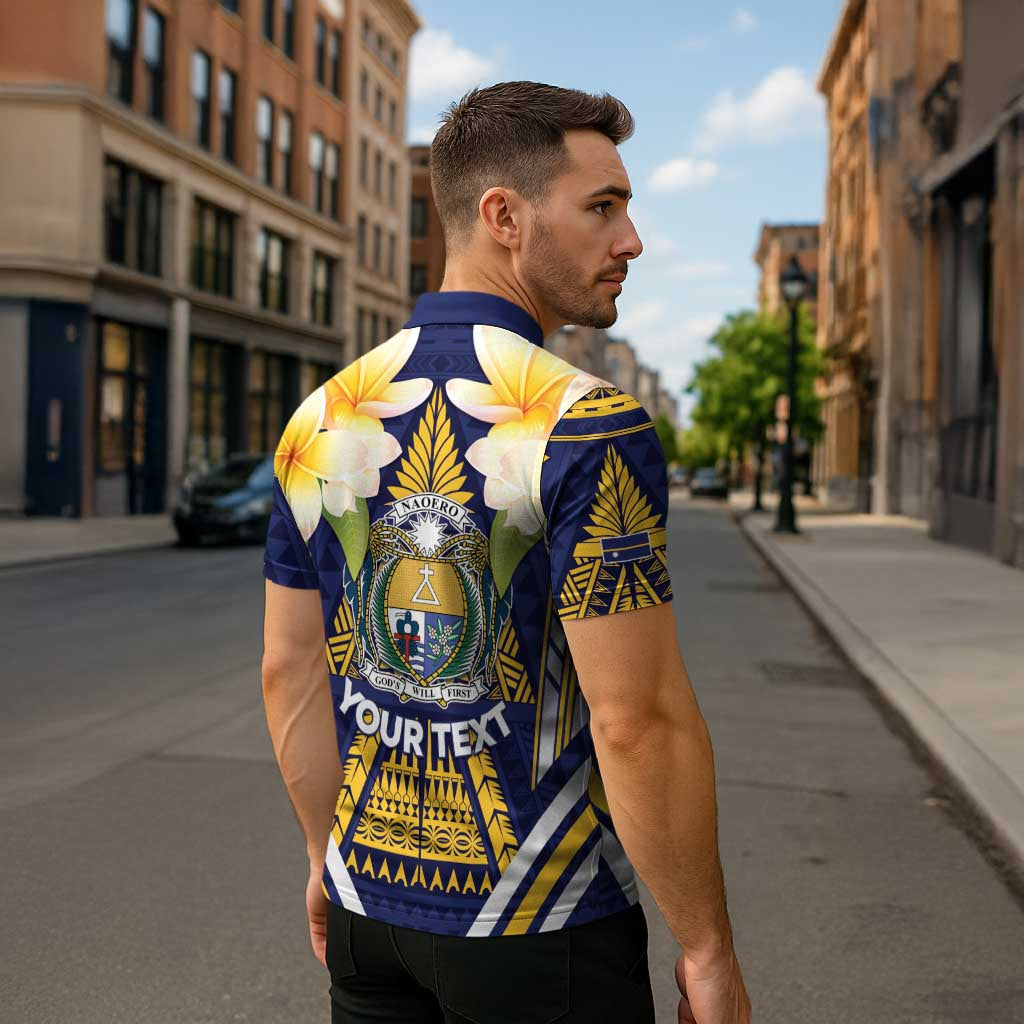 Personalised Nauru Independence Day Zipper Polo Shirt Coat Of Arms With Plumeria - Polynesian Pride