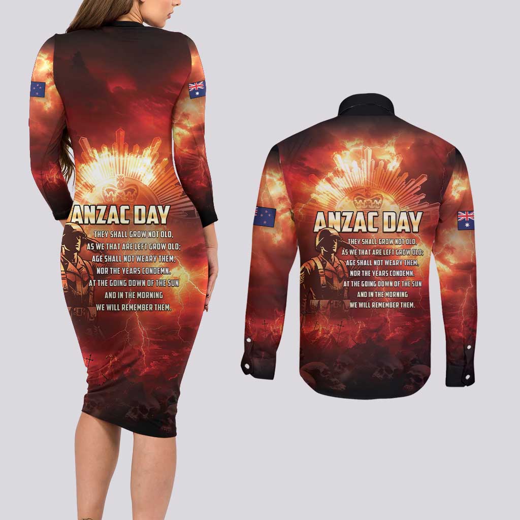 Honouring The ANZAC Spirit Couples Matching Long Sleeve Bodycon Dress and Long Sleeve Button Shirt Gallipoli Lest We Forget