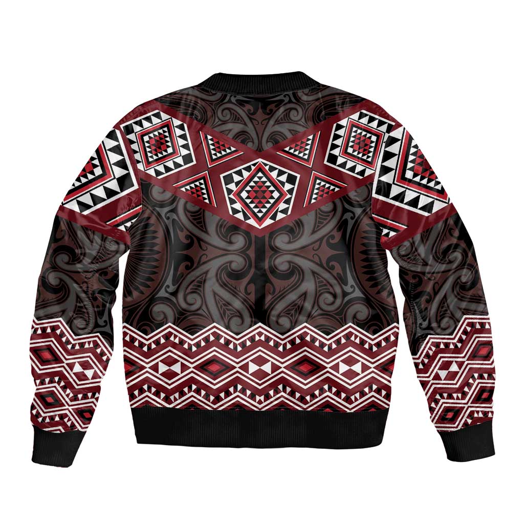 New Zealand Aotearoa Bomber Jacket Red Taniko Art Maori Pattern