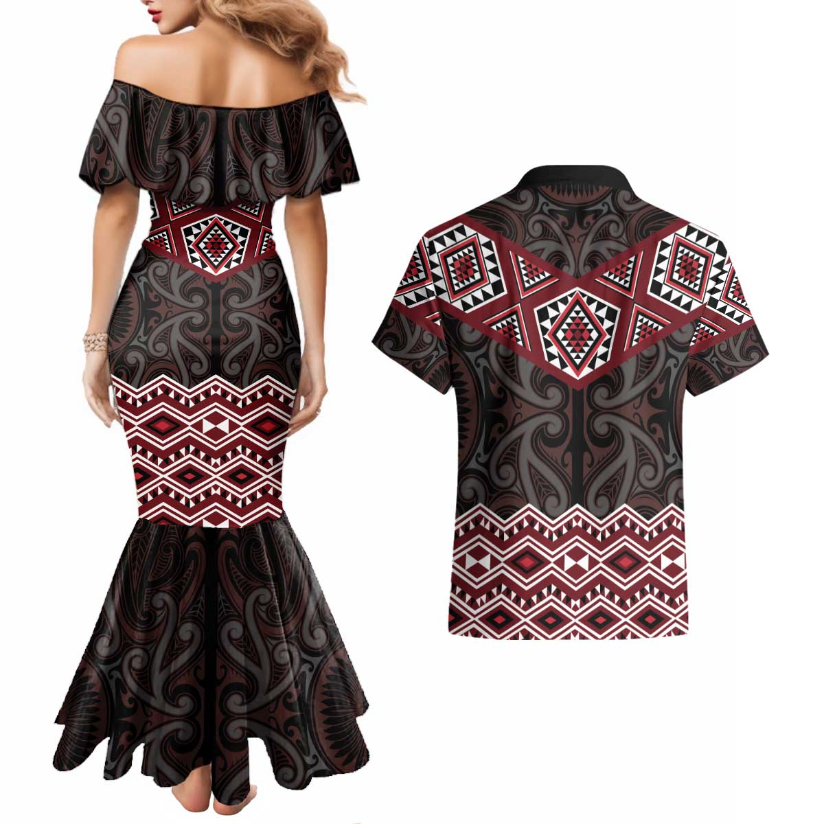 New Zealand Aotearoa Couples Matching Mermaid Dress and Hawaiian Shirt Red Taniko Art Maori Pattern LT05 - Polynesian Pride
