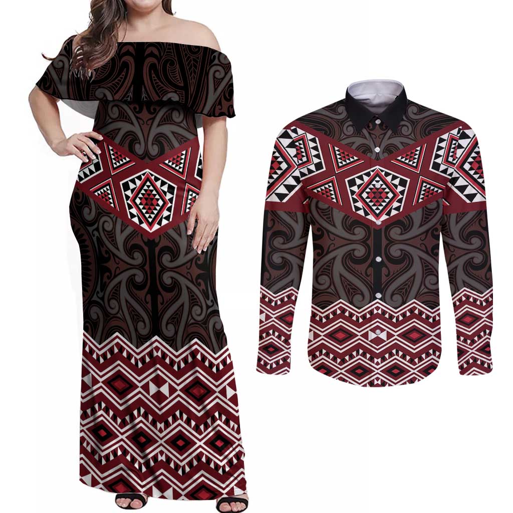 New Zealand Aotearoa Couples Matching Off Shoulder Maxi Dress and Long Sleeve Button Shirt Red Taniko Art Maori Pattern LT05 Red - Polynesian Pride