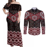 New Zealand Aotearoa Couples Matching Off Shoulder Maxi Dress and Long Sleeve Button Shirt Red Taniko Art Maori Pattern LT05 Red - Polynesian Pride
